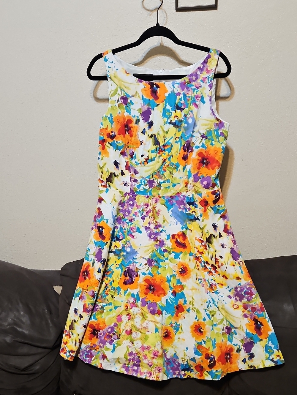 Evan Picone White Floral Midi Dress with Orange, Purple & Blue Blooms